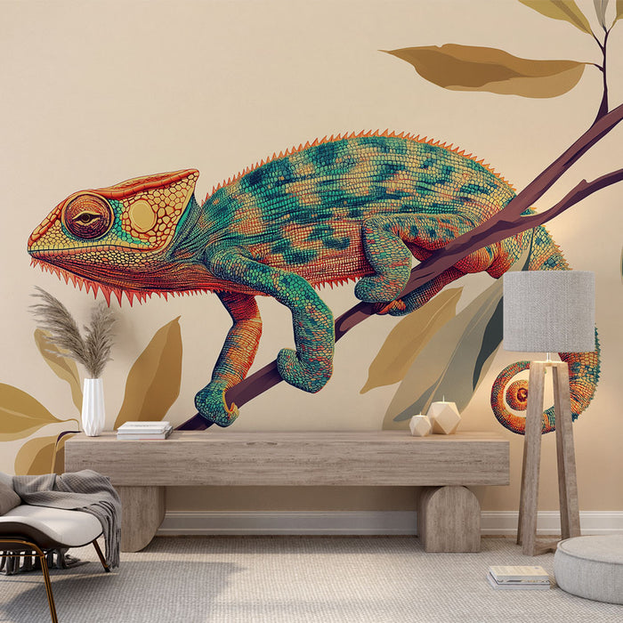Papier peint caméléon | Un caméléon coloré se reposant sur une branche