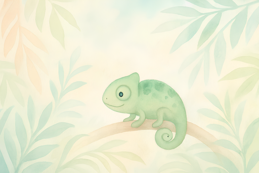 Papier peint caméléon Un caméléon mignon sur une branche entouré de feuillages doux