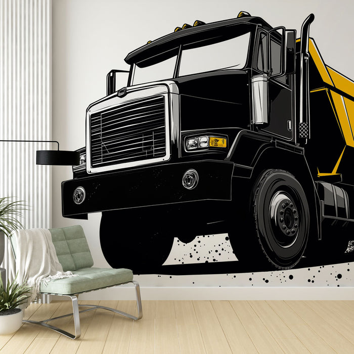 Papier peint camion benne noir et jaune | Illustration d'un camion lourd en action