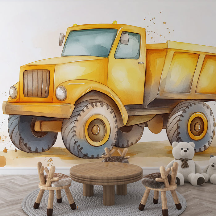 Papier peint camion de chantier | Illustration colorée d'un camion benne jaune