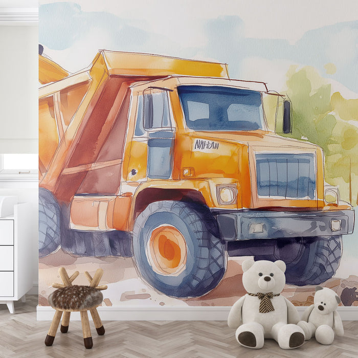 Papier peint camion de chantier | Illustrations aquarelle d'un camion de construction orange