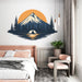 Une chambre moderne avec un papier peint représentant un paysage montagneux au coucher de soleil, évoquant une ambiance apaisante et naturelle.