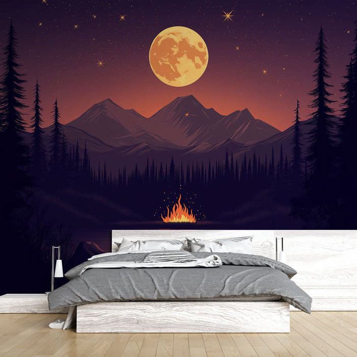 Papier peint camping | Paysage nocturne avec feu de camp et lune pleine