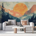 Un salon moderne avec un papier peint représentant un paysage montagneux sous un grand soleil orange, créant une atmosphère chaleureuse et apaisante.