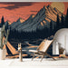 Une pièce lumineuse avec un papier peint illustrant un paysage montagneux stylisé aux teintes chaudes et sombres, évoquant une atmosphère apaisante et naturelle.