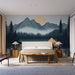 Une chambre moderne avec un papier peint représentant un paysage montagneux nocturne, évoquant une atmosphère sereine et apaisante.