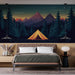 Une chambre moderne avec un papier peint illustrant une scène de camping nocturne, mettant en avant une tente orange et des montagnes sous un ciel étoilé.