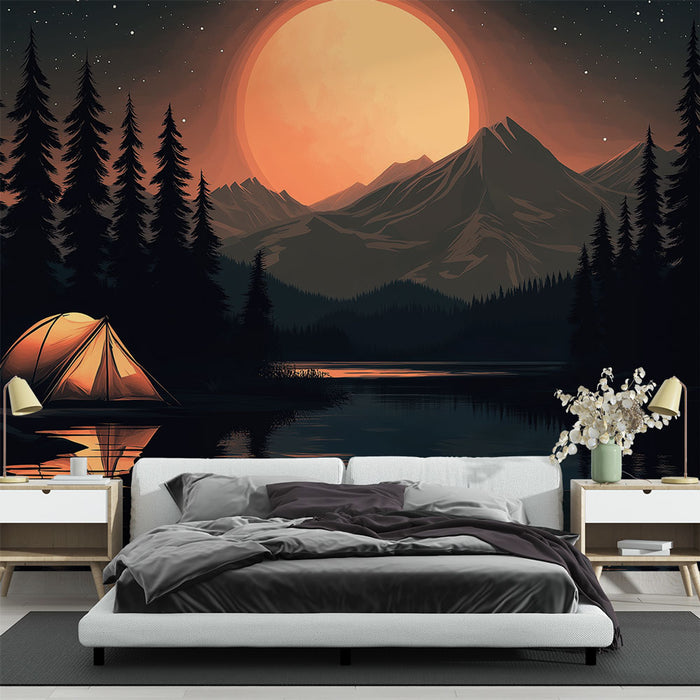 Papier peint camping | Un soir apaisant au bord du lac avec une tente illuminée