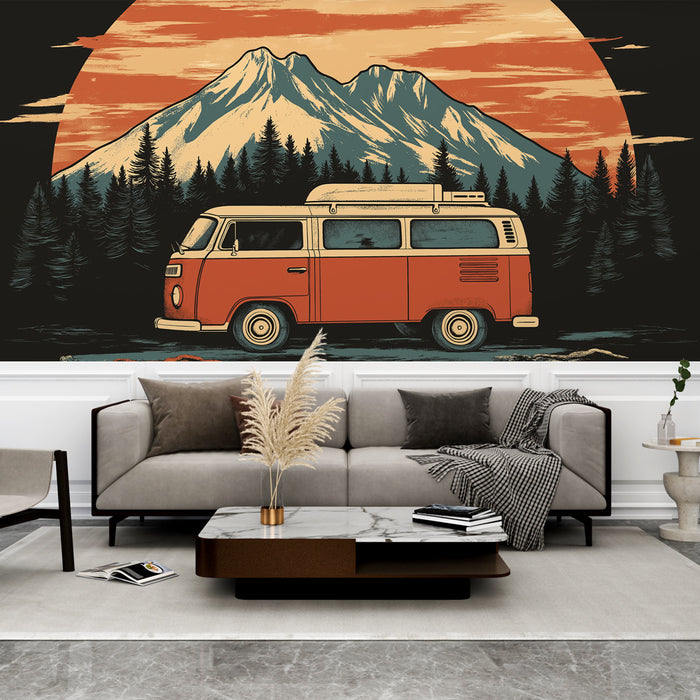 Papier peint camping | Van vintage devant les montagnes majestueuses