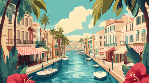 Papier peint canal ensoleillé Scène estivale avec palmiers et maisons colorées