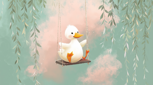 Papier peint canard heureux Un adorable canard sur une balançoire entourée de feuillage doux
