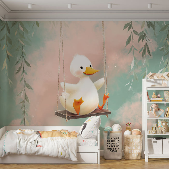 Une chambre d'enfant avec un papier peint ludique représentant un canard mignon sur une balançoire, entouré de feuillages délicats et de teintes douces.