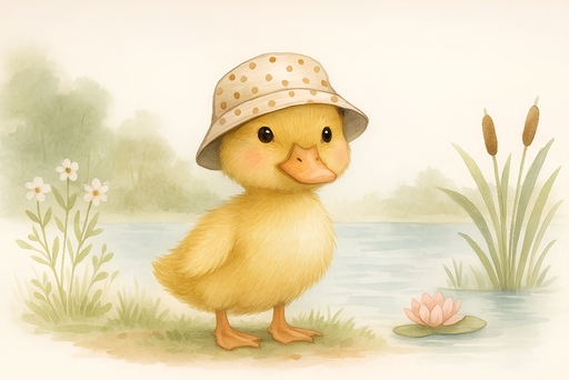 Papier peint canard heureux Un canard jaune mignon avec un chapeau à pois dans un décor paisible