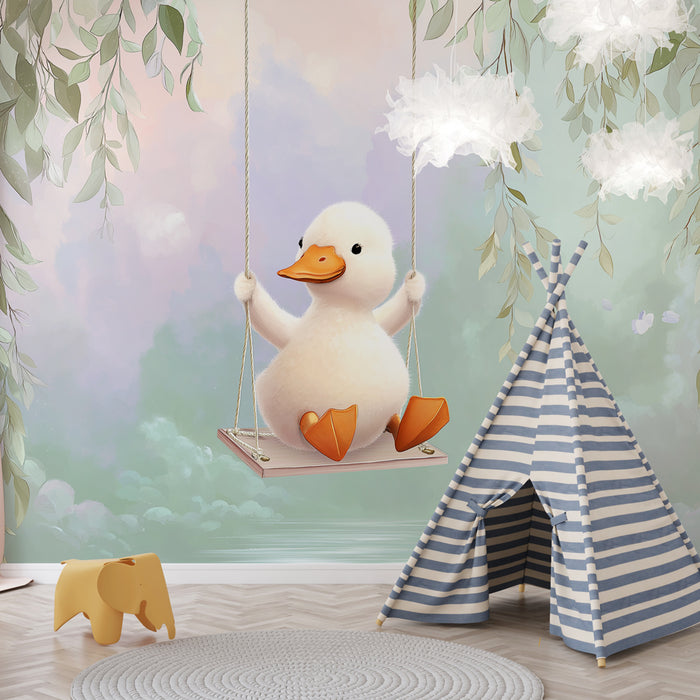 Une chambre d'enfant avec un papier peint illustrant un canard mignon sur une balançoire, dans des teintes pastel apaisantes et une ambiance ludique et joyeuse.