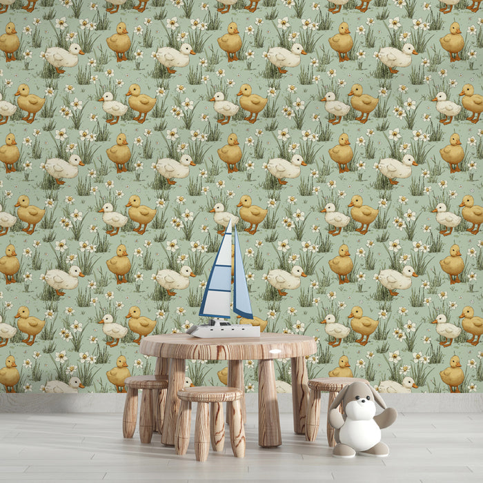 Une chambre d'enfant avec un papier peint illustrant des canards colorés sur un fond vert doux, créant une ambiance joyeuse et ludique.