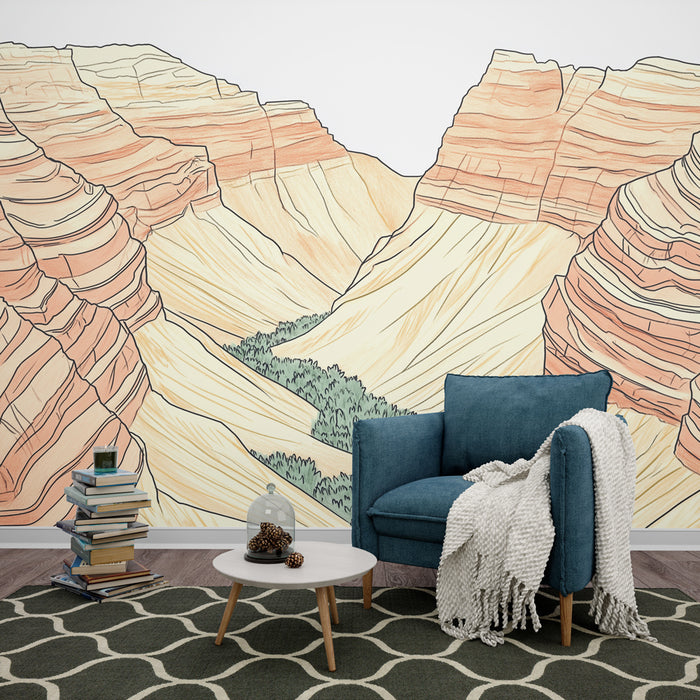 Papier peint canyon | Illustration en couleur d'un canyon désertique avec des formations rocheuses