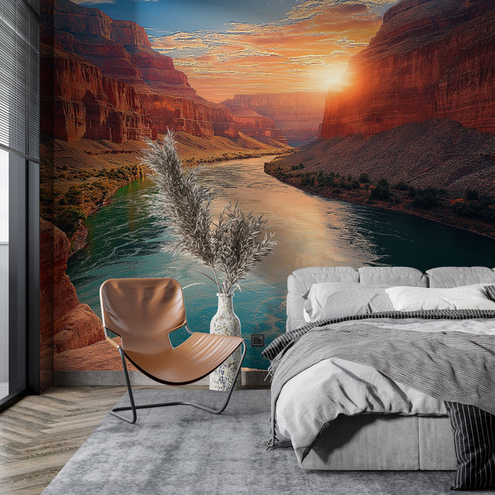 Papier peint canyon avec rivière émeraude et falaises rouges au coucher du soleil pour chambre moderne.