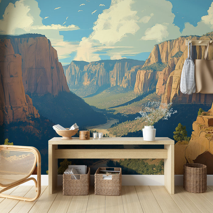 Papier peint panoramique canyon avec ciel bleu clair pour décoration murale salon moderne