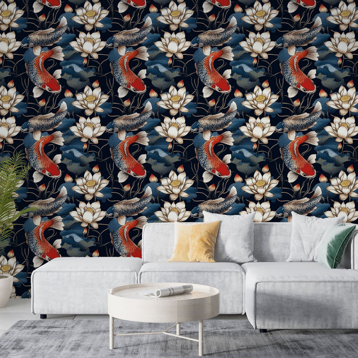 Un salon contemporain avec un papier peint représentant des carpes koi et des fleurs de lotus sur un fond bleu nuit, créant une ambiance zen et élégante.