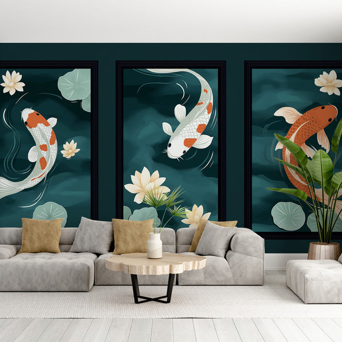 Un salon moderne avec un papier peint représentant des carpes koi sur fond aquatique sombre, créant une ambiance zen et apaisante.