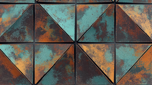 Papier peint carrelage cuivre Motifs triangulaires en teintes rouillées et aqua