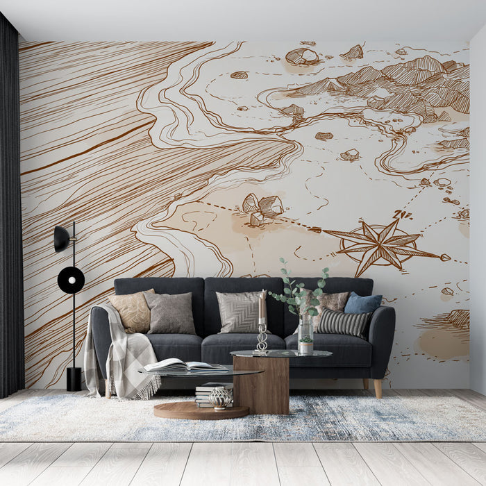 Un salon contemporain avec un papier peint illustrant une carte topographique en teintes brunes sur fond clair, évoquant une atmosphère aventureuse et exploratoire.