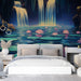 Une chambre moderne avec un papier peint représentant une scène aquatique féerique, où des cascades et des nénuphars roses créent une ambiance sereine et apaisante.