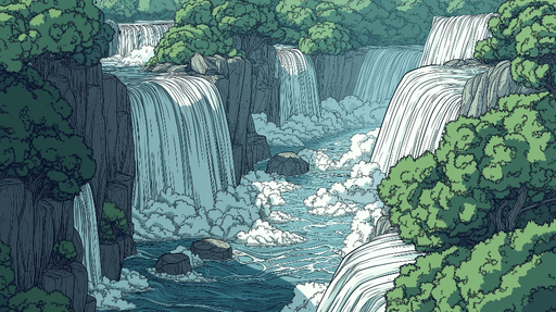 Papier peint cascade Illustration d'une cascade entourée de verdure vibrante