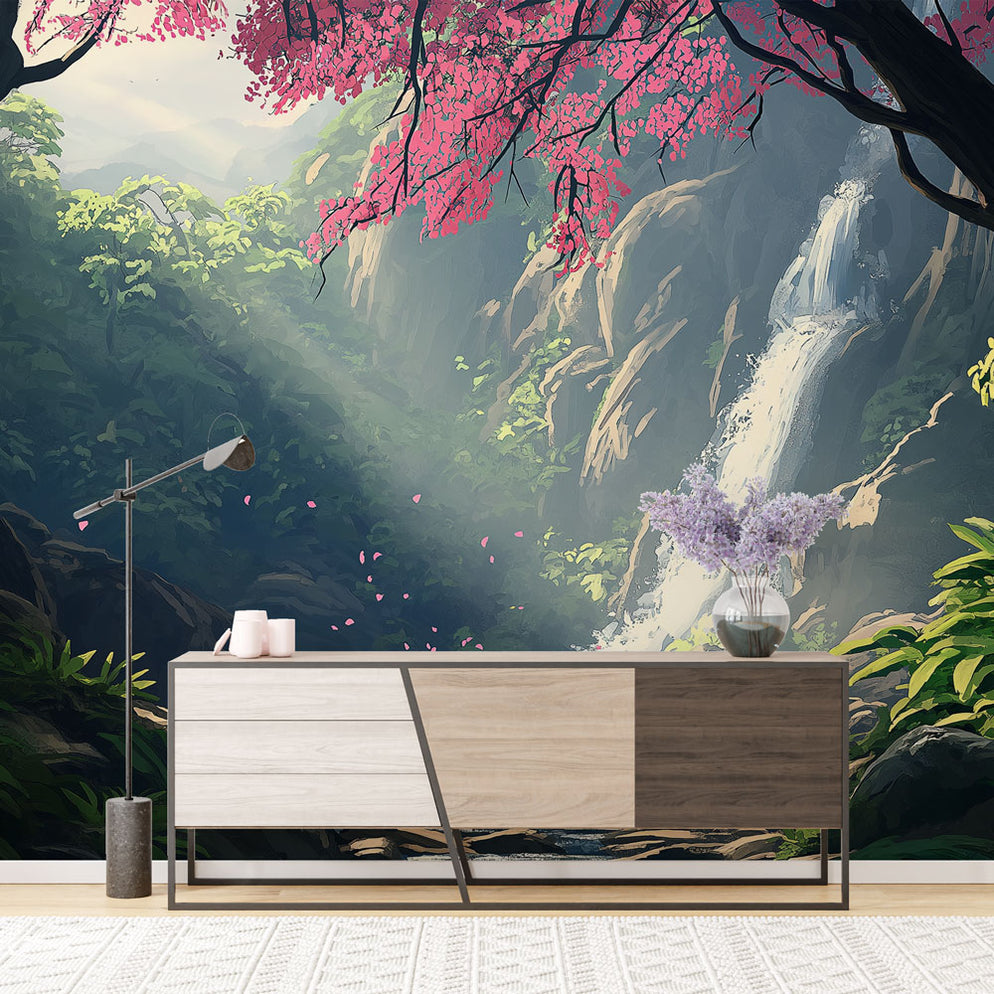 Papier peint cascade | Paysage luxuriant avec cascade et fleurs roses ...