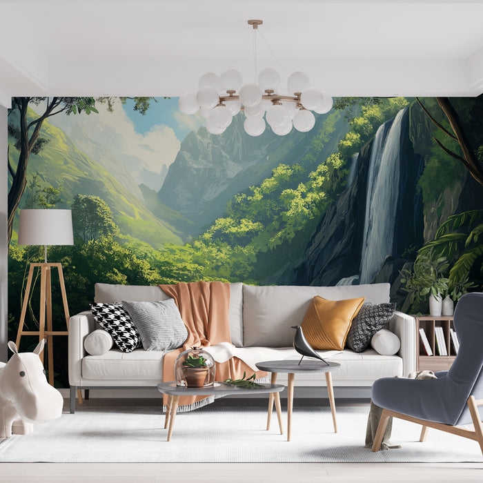 Papier peint paysage luxuriant avec cascade et montagnes pour salon moderne