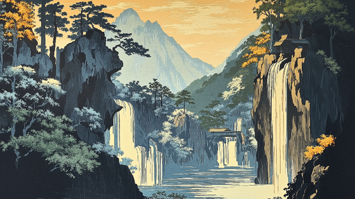 Papier peint cascade Paysage montagneux avec chutes d'eau majestueuses