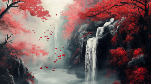 Papier peint cascade Paysage romantique avec chutes d'eau et feuillage rouge