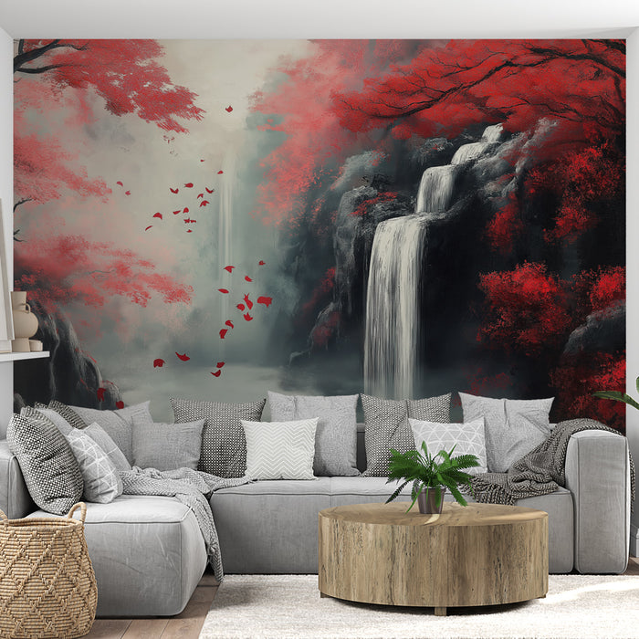 Papier peint cascade | Paysage romantique avec chutes d'eau et feuillage rouge