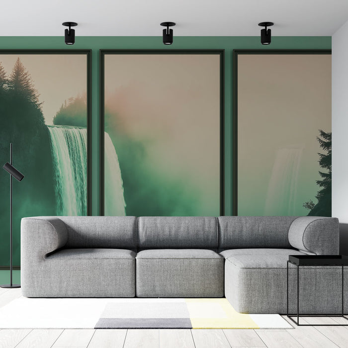 Un salon moderne avec un papier peint représentant des chutes d'eau dans des teintes vertes et brumeuses, créant une atmosphère apaisante et naturelle.
