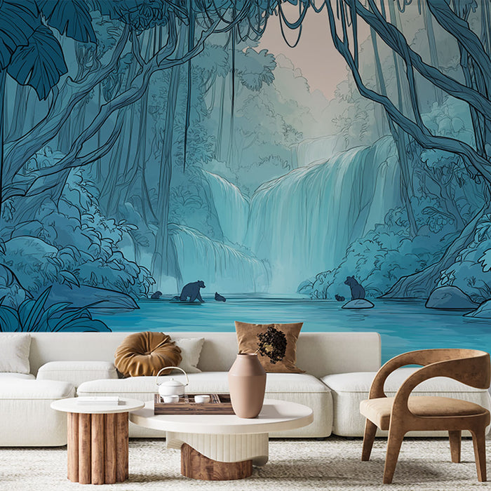 Une pièce de vie moderne avec un papier peint représentant une scène de jungle apaisante, où des cascades et des animaux se fondent dans des nuances de bleu et de vert.
