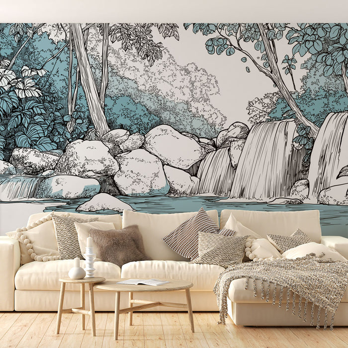 Un salon lumineux avec un papier peint illustrant une scène de cascade et de rochers, mêlant des teintes turquoise et des détails en noir et blanc, créant une atmosphère apaisante et naturelle.