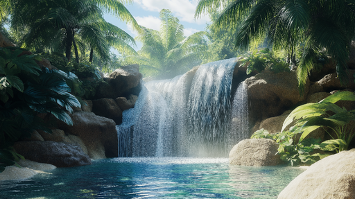 Papier peint cascade tropicale Paysage luxuriant avec cascade et jungle verdoyante