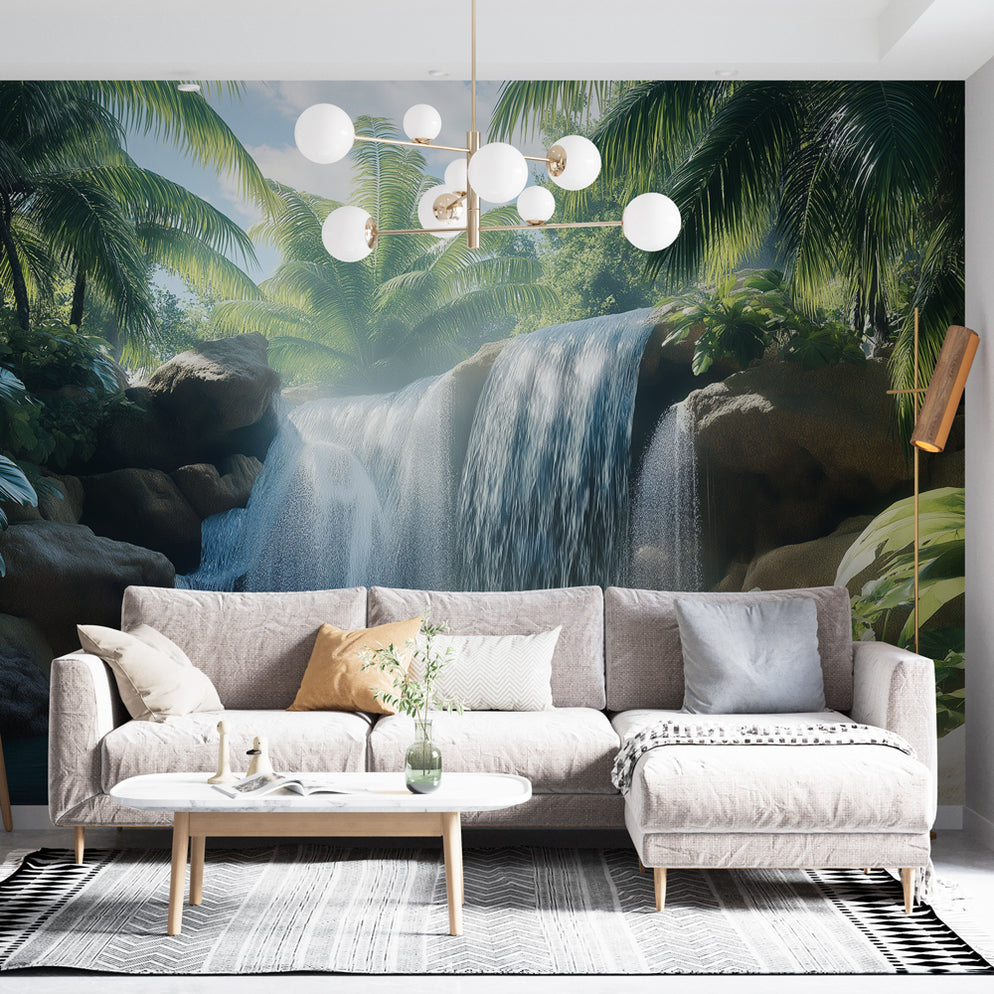 Papier peint cascade tropicale | Paysage luxuriant avec cascade et jun ...
