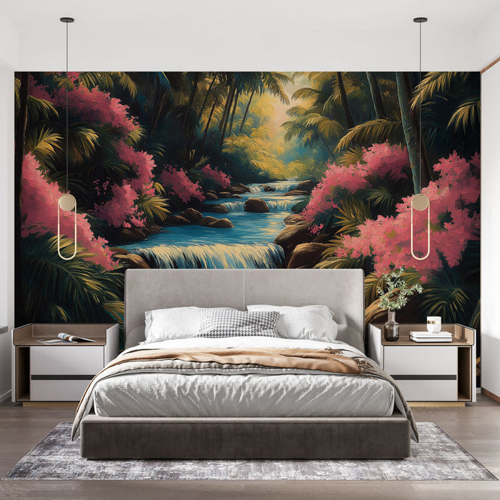 Une chambre moderne avec un papier peint tropical représentant un paysage luxuriant, un ruisseau et des fleurs roses, créant une atmosphère apaisante et naturelle.