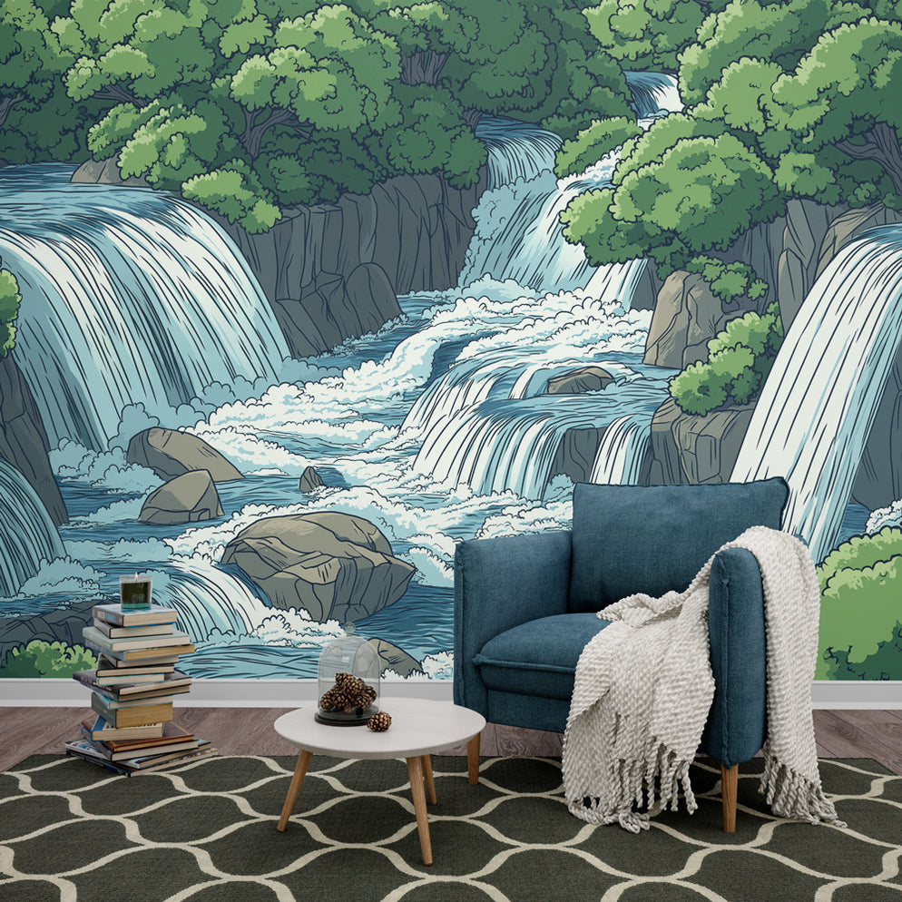 Papier peint cascade | Un paysage apaisant de chutes d'eau et de verdu ...