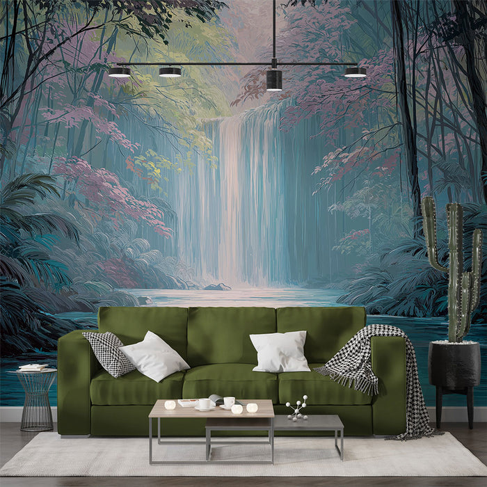 Un salon moderne avec un papier peint représentant une cascade entourée de végétation luxuriante, créant une ambiance apaisante et naturelle.