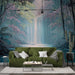 Un salon moderne avec un papier peint représentant une cascade entourée de végétation luxuriante, créant une ambiance apaisante et naturelle.