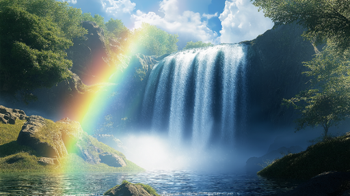 Papier peint cascade Une magnifique cascade avec arc-en-ciel et verdure luxuriante