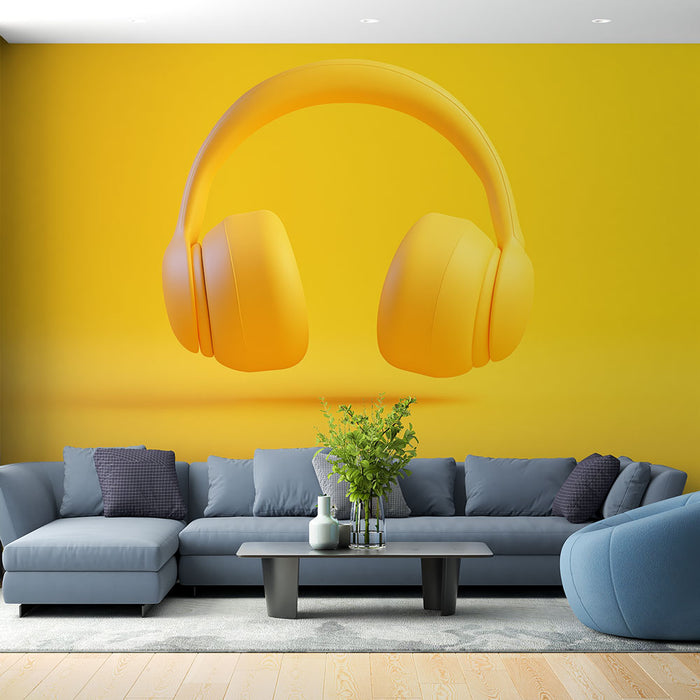 Papier peint casque audio jaune | Design moderne et dynamique pour une expérience sonore immersive