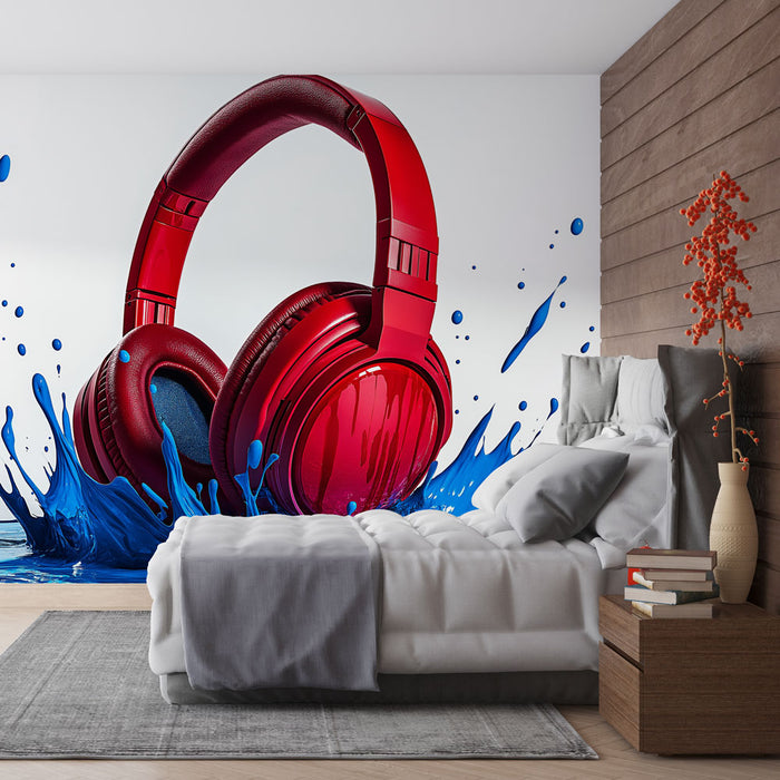 Papier peint casque audio rouge | Design moderne avec effet aquatique dynamique