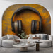 Papier peint design vintage avec casque audio noir et accents dorés pour salon moderne
