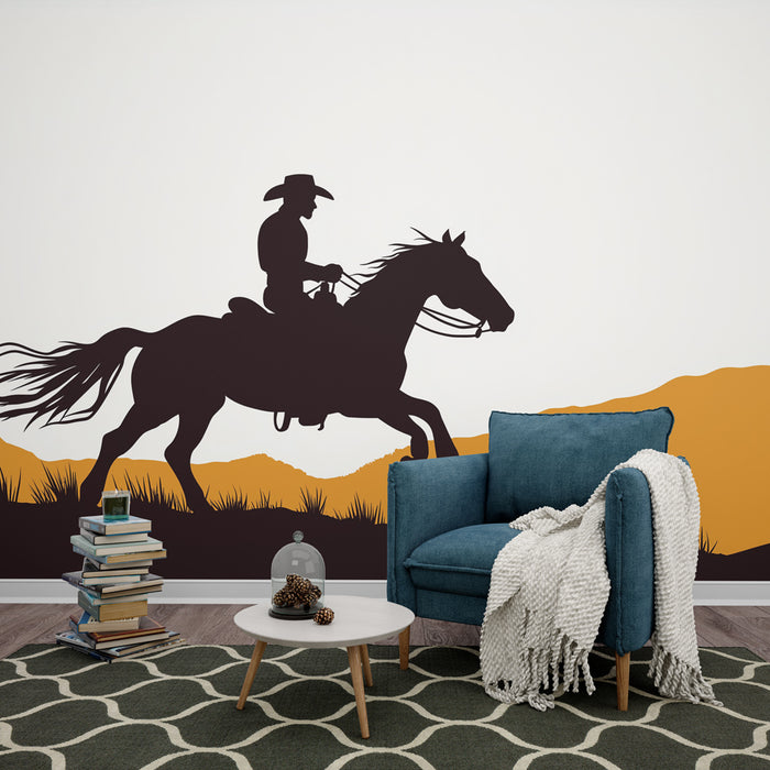 Une pièce moderne avec un papier peint représentant un cavalier silhouetté sur un fond orange évoquant une ambiance western dynamique et chaleureuse.