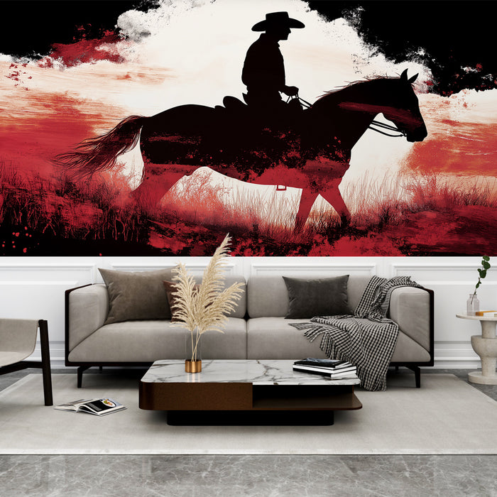 Un salon moderne avec un papier peint artistique représentant un cavalier en silhouette sur fond rouge et noir, créant une ambiance dynamique et audacieuse.