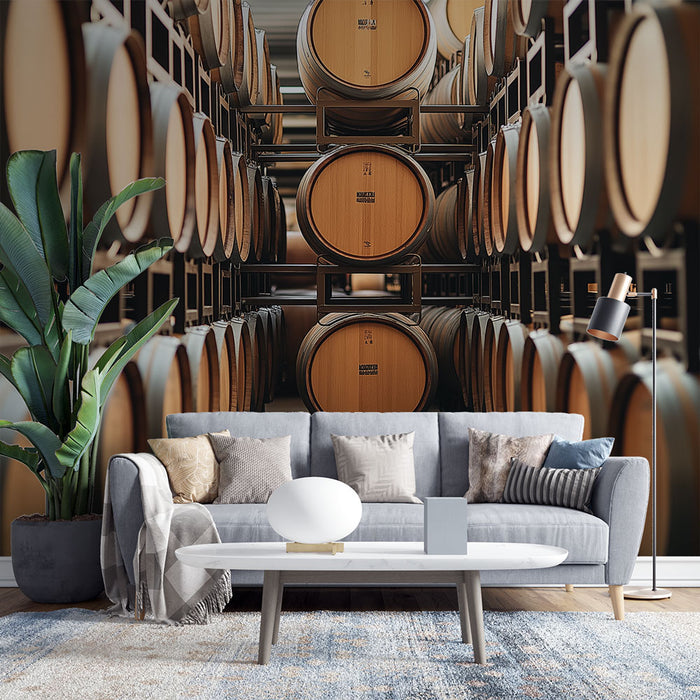 Papier peint cave à vin | Un design élégant de fûts de chêne en bois