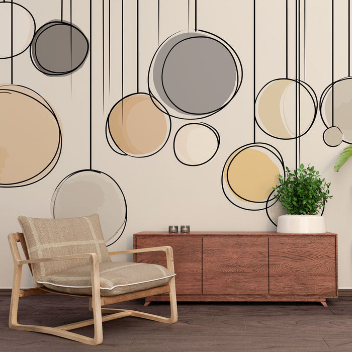 Une pièce moderne avec un papier peint abstrait aux cercles colorés beige, gris et noir, créant une atmosphère dynamique et artistique.